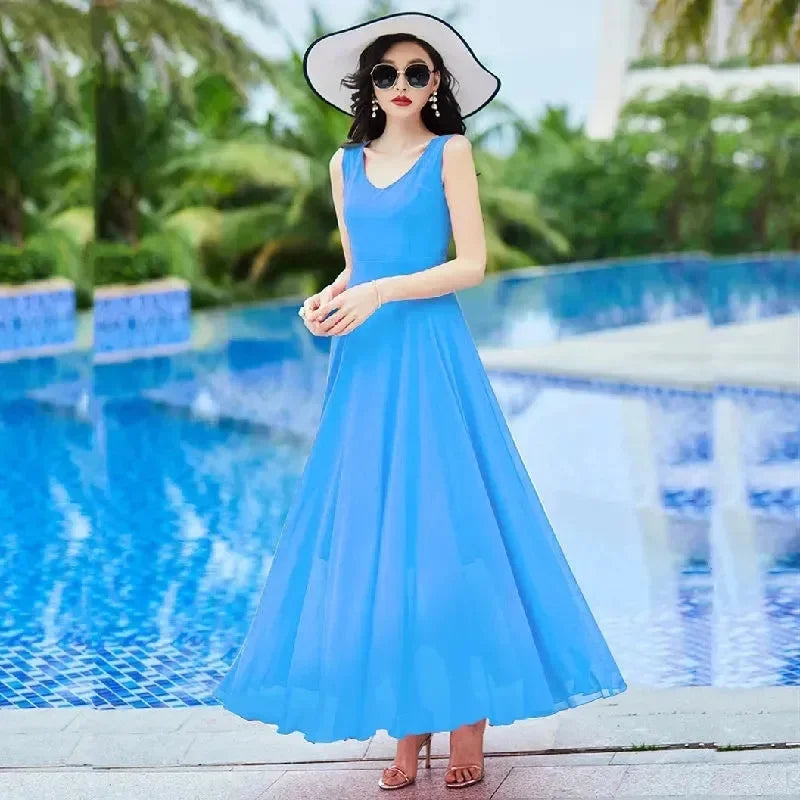 Women's Bohemian Chiffon Maxi Dress & Shawl Set – Spaghetti Strap A-Line