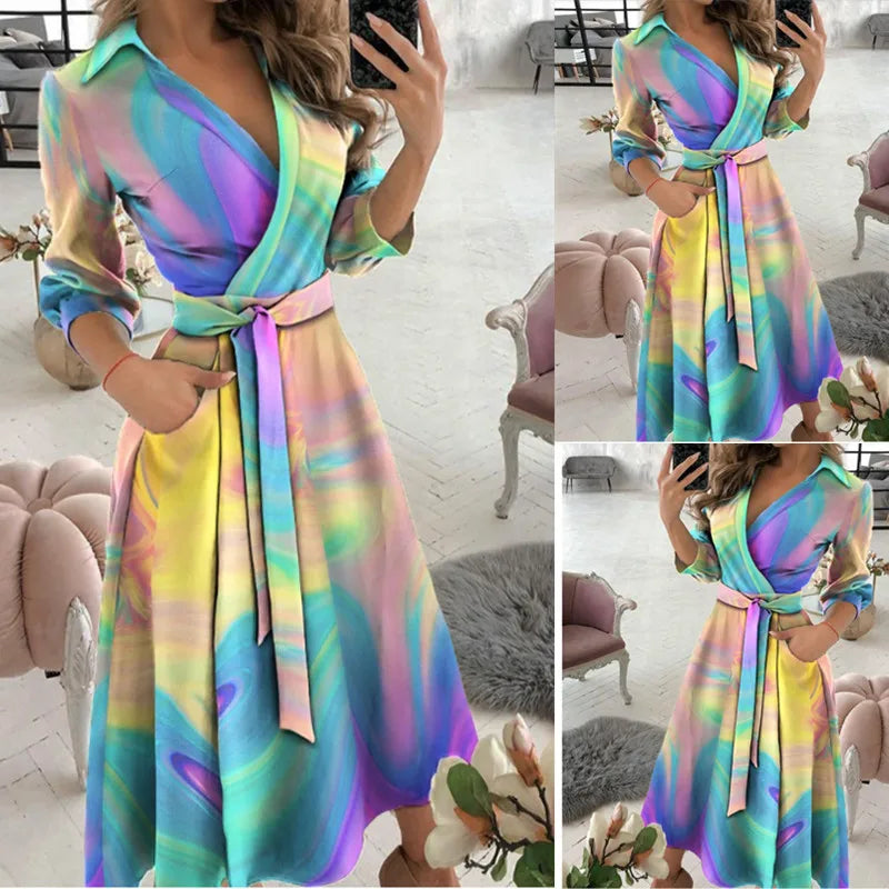 Women's Printed Long Sleeve A-Line Midi Dress — V-Neck Button-Up