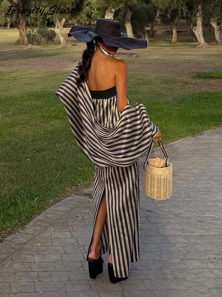 Women's Striped Strapless Maxi Dress with Detachable Capelet Shawl