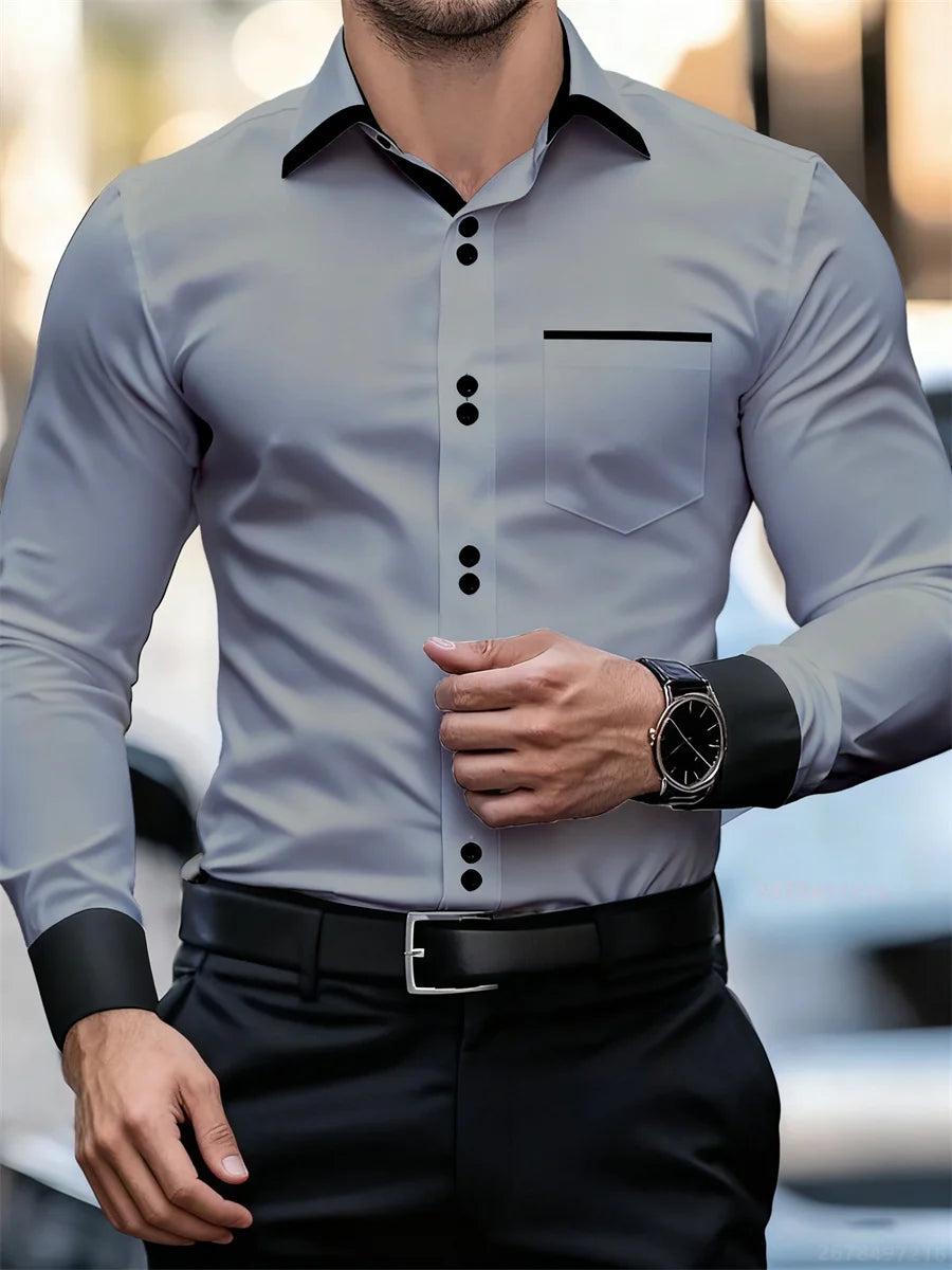 Men's Business Color Block Collar Long Sleeve Shirt, Slim Fit, Wrinkle-Free, Black and White Patchwork Shirt, Men's Fashion Top