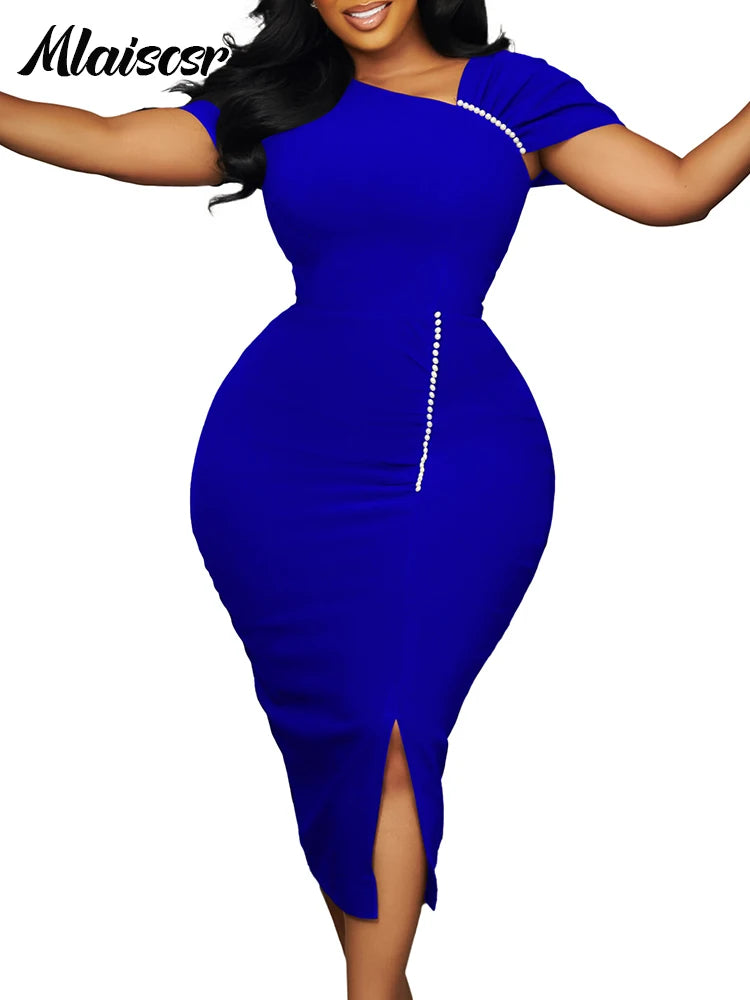 Mlaiscsr Elegant Short Sleeve Beading Bodycon African Midi Dress for Women Fashion Office Work Club Party Birthday Vestidos 2025