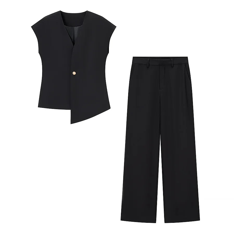 Women's V-Neck Buckle Vest & High Waist Wide-Leg Pants – Chic 2-Piece Office Set