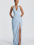 Women's Pleated Halter Backless Maxi Dress – Elegant Party Gown