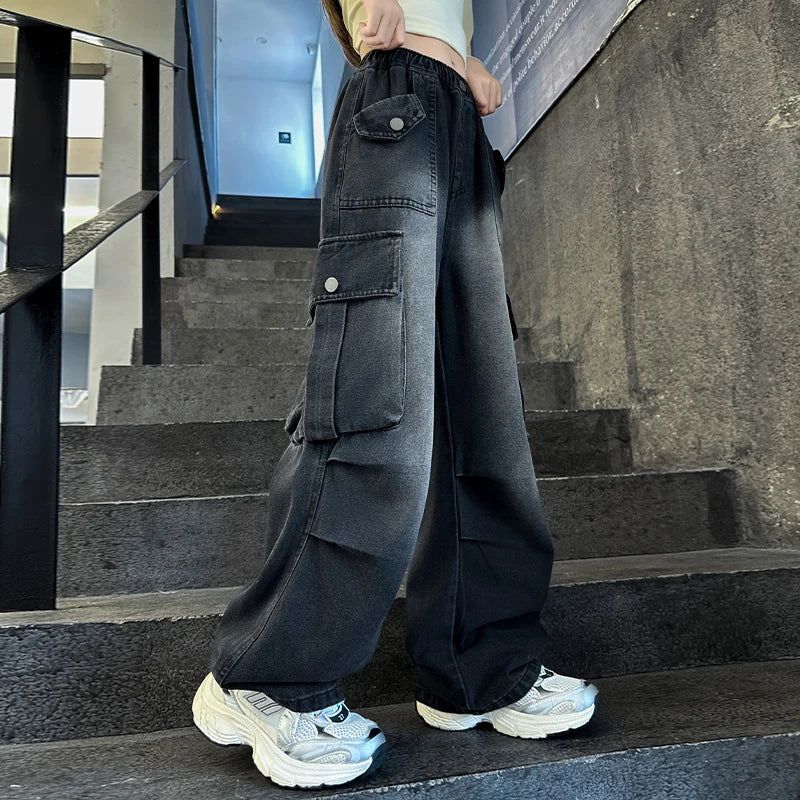 Kids Vintage Distressed Jeans with Pocket For Girls Y2K Fashion High Street Denim Pants Teens Child Baggy Cargo Jeans Trousers