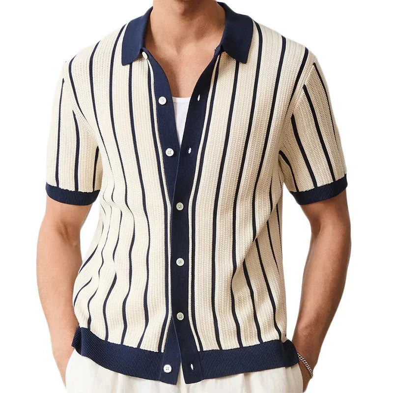 Men's Luxury Knit Striped Shirt — Vintage Slim Fit Button-Up Short Sleeve | M–3XL
