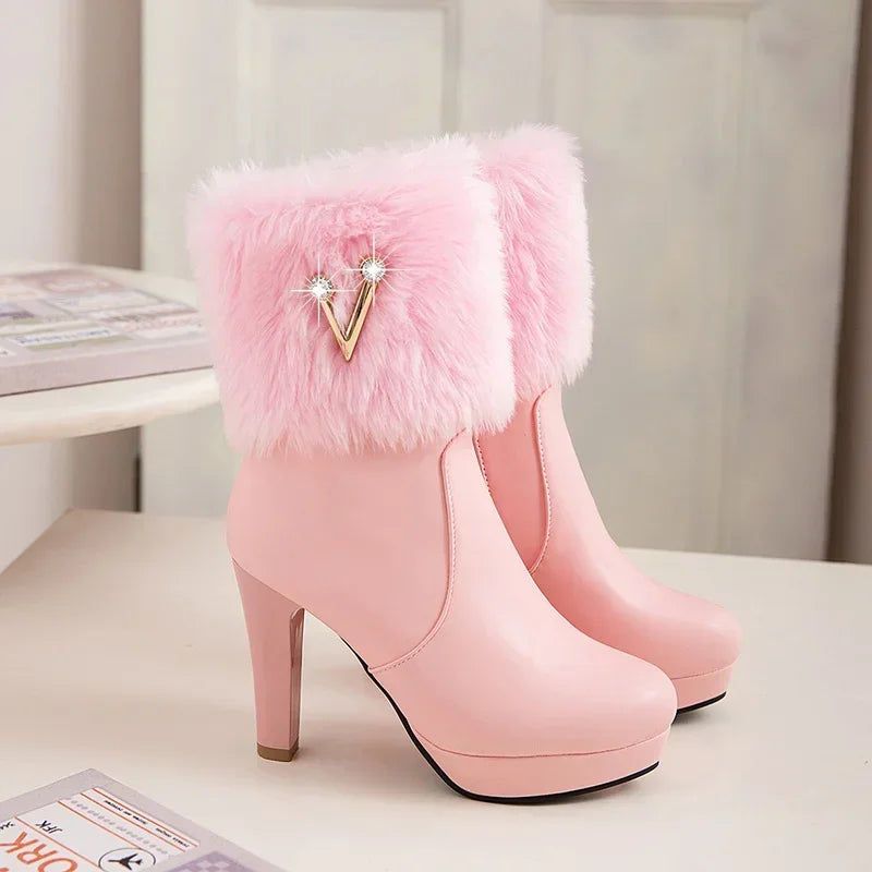 2025 Winter Faux Fur Design High Heel Boots Sweet Bowtie Spike Heels Pink White Black Warm Woman Shoes Ankle Snow Boots Female