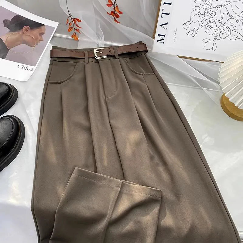 Women's High Waist Belt Wide-Leg Trousers – Solid Color Baggy Office Pants