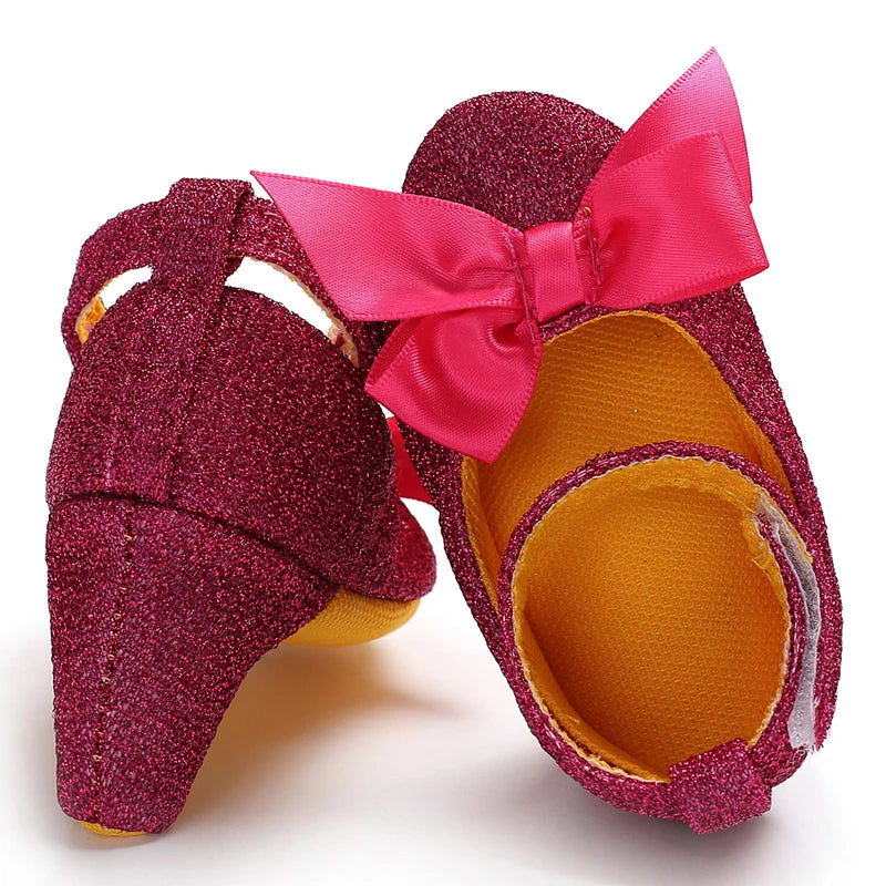Princess Style Newborn Baby Girl Cute Shoes Solid Color Bow High Heels First Step Toddler Walk Party Dress Footwear