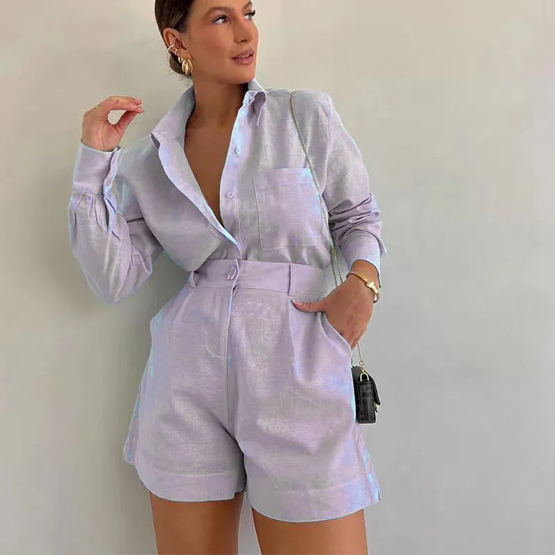 Women's Long Sleeve 2-Piece Set | Button Detail Shirt & Shorts