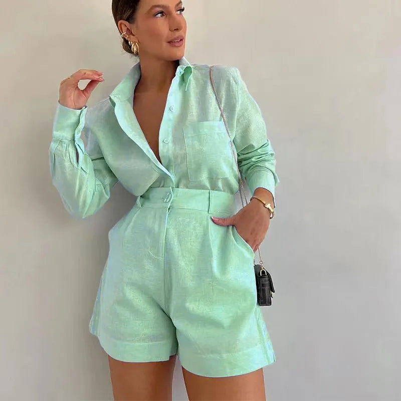 Women's Long Sleeve 2-Piece Set | Button Detail Shirt & Shorts