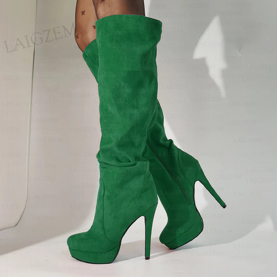 LAIGZEM Women Over Knee High Boots Faux Suede Zip Pleated Thin High Heels Boots Handmade Ladies Shoes Woman Big Size 41 43 45 52