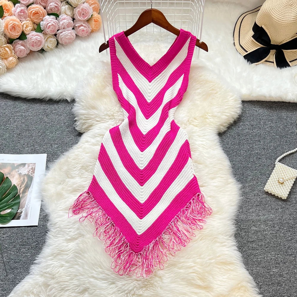 Elegant Knit Bodycon Midi Dress – Slim Fit V-Neck for Women
