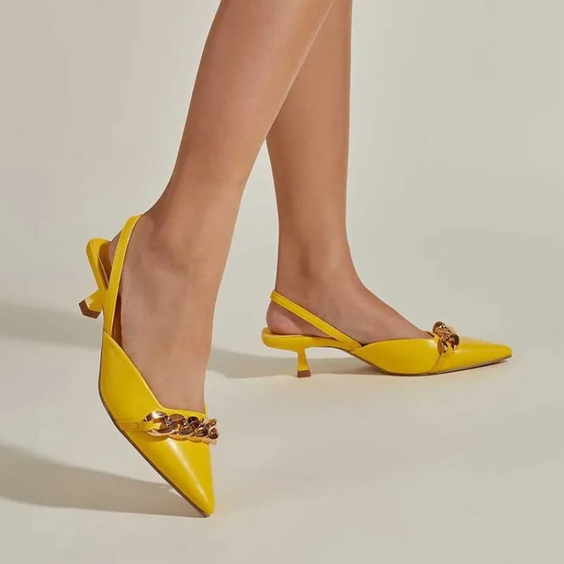 Women's Pointed-Toe Slingback Heels | Chain Detail Platform Sandals | 3 Colors | EU 35–42