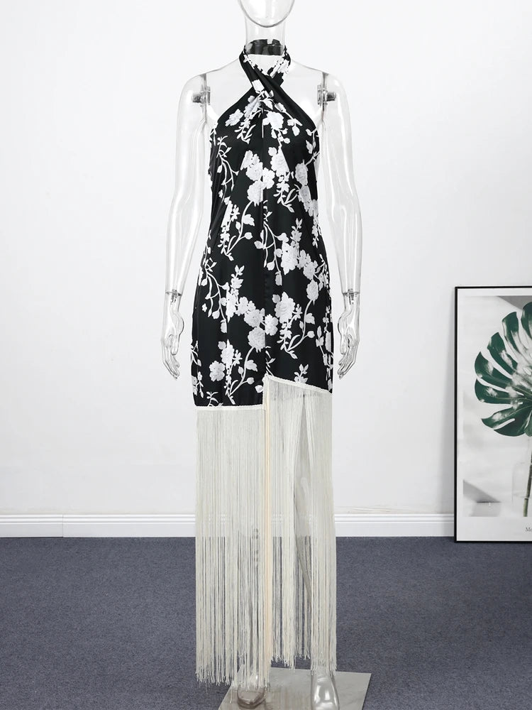Vintage Print Tassel Asymmetrical Long Dress Women Halter Sleeveless Backless Female Party Dresses Spring Summer Lady Chic Robe