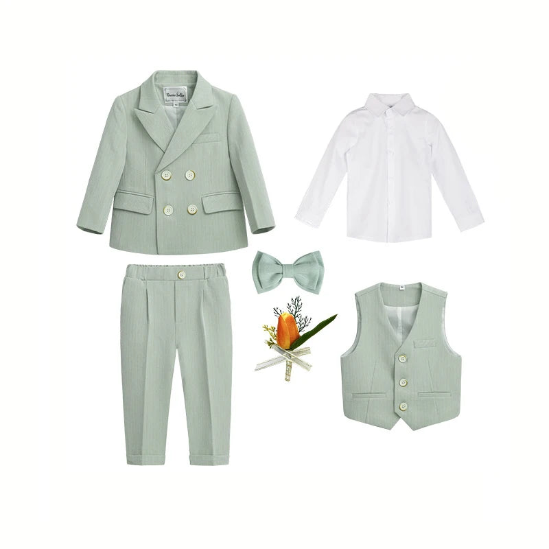 Boys' Formal Green Suit Set – Double-Breasted Blazer & Pants for Wedding & Birthday