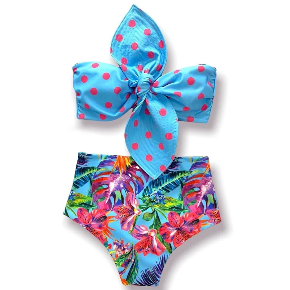 2025 New Sexy High Waist Bikini Sets Ruffle Swimwear Women Swimsuit Print Floral Dots V-neck Beach Wear Bathing Suits Biquini