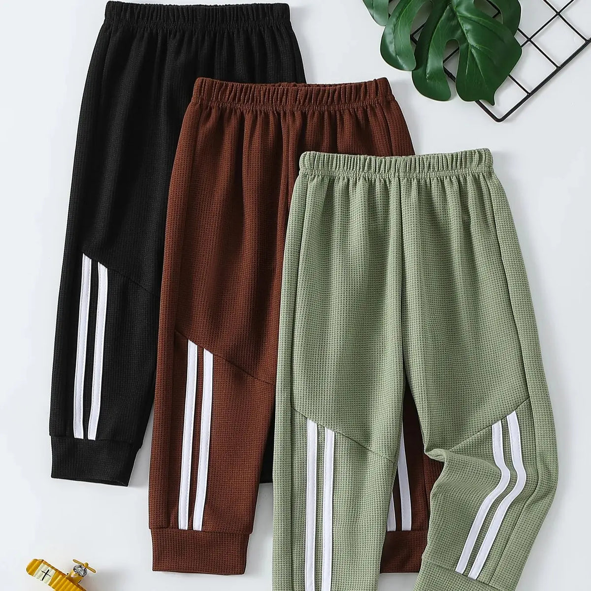 Kids Waffle Solid Sports Pants – Elastic Waist Harem Joggers (1 or 3 Pcs)