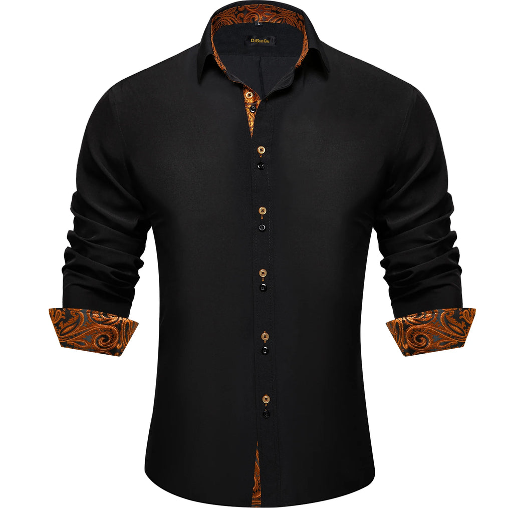 Men's Polyester Cotton Solid Black Shirts Long Sleeve Blue Paisley Patchwork Social Casual Dress Shirt Elegant Men Clothing