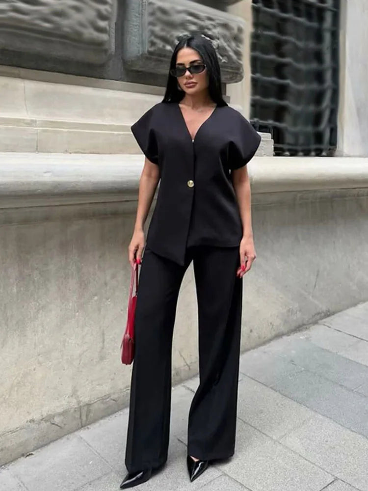 Women's V-Neck Buckle Vest & High Waist Wide-Leg Pants – Chic 2-Piece Office Set