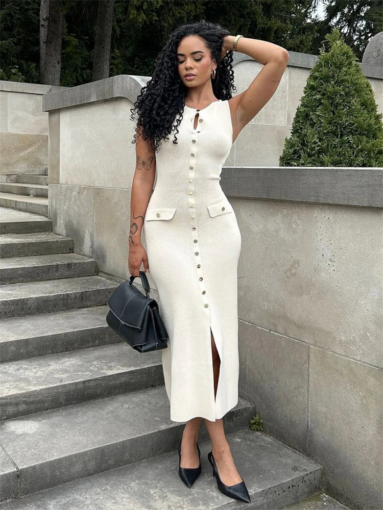 Women's Sleeveless Knit Ribbed Maxi Dress — Slim Fit, Ankle-Length