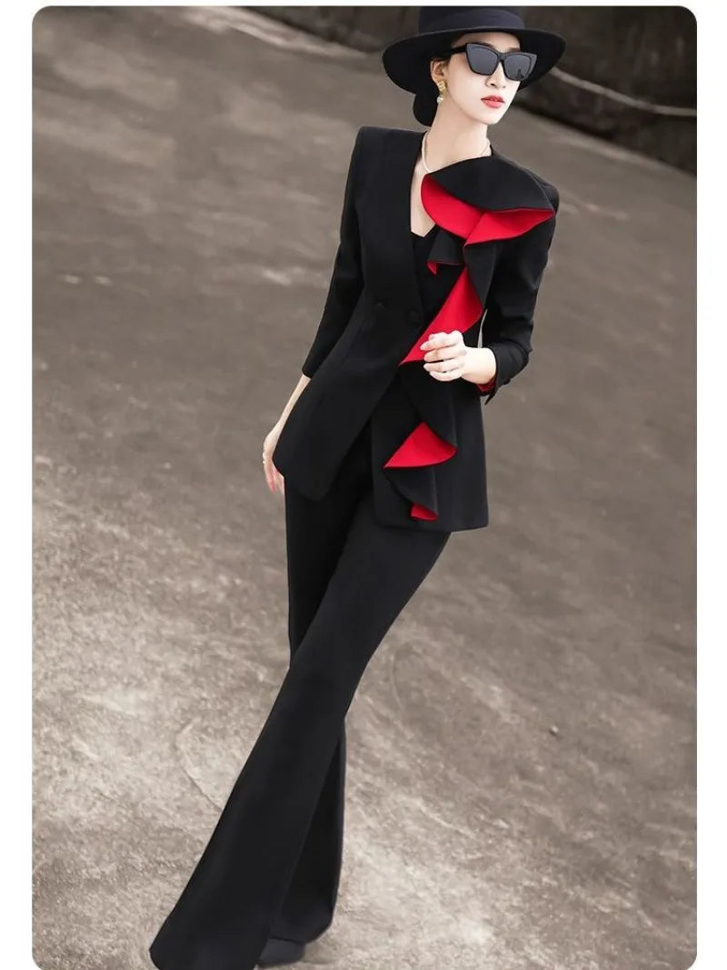 New Fashion Ruffles Blazer Suit Women Autumn High End Elegant V-neck Long Sleeve Jacket + Micro Flare Pants Two Piece Set