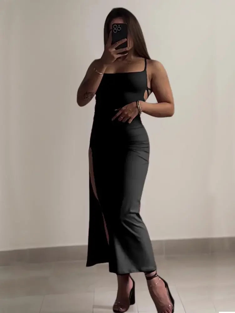 Women's Spaghetti Strap Bodycon Maxi Dress – Slim Fit Slash Neck Streetwear