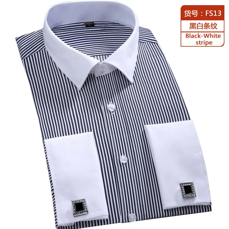 New M~6XL Cotton Men's French Cuffs Business Long Sleeve Shirt Stripes Comfortable Standard Elegant Formal Shirts Cufflink Top