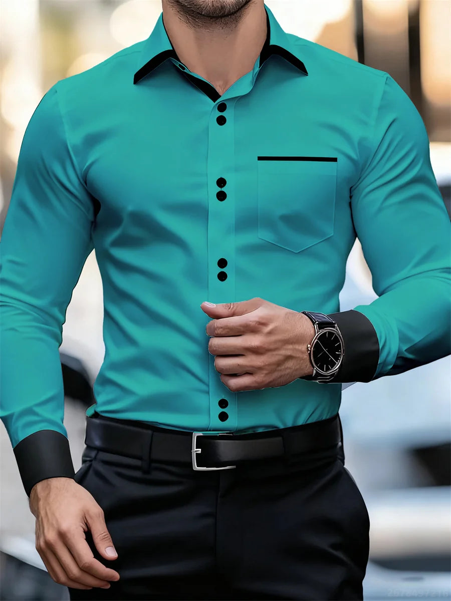 Men's Business Color Block Collar Long Sleeve Shirt, Slim Fit, Wrinkle-Free, Black and White Patchwork Shirt, Men's Fashion Top