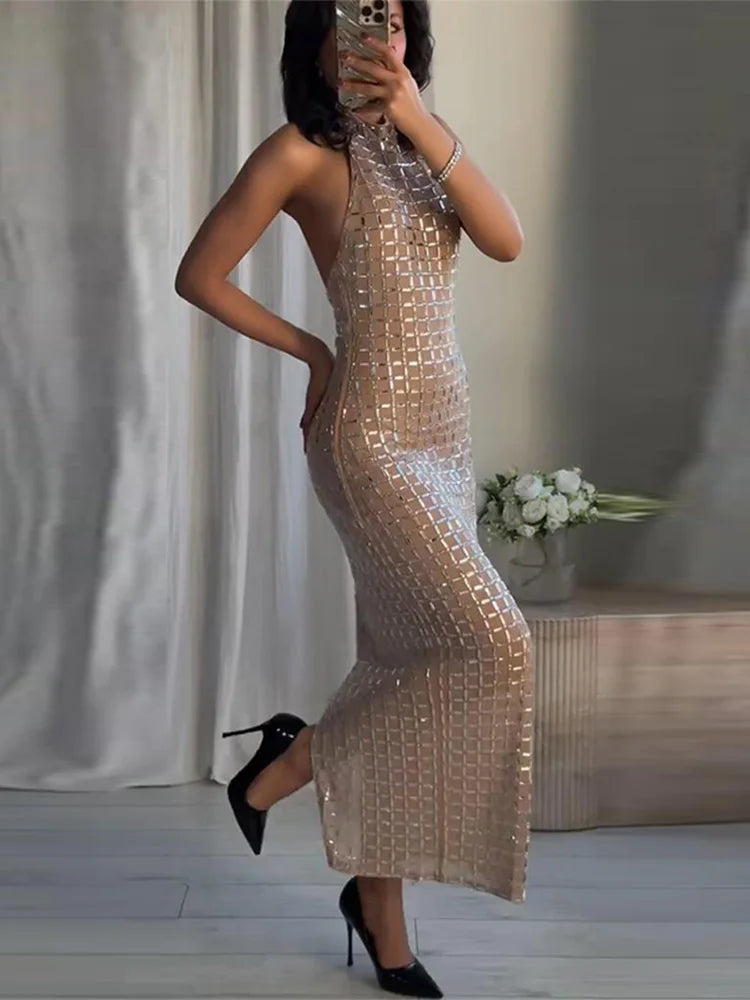 Halter Sequined Midi Dress Women Sexy Turtleneck Sleeveless Backless Waist Cinching Party Evening Dresses Chic Office Lady Robes