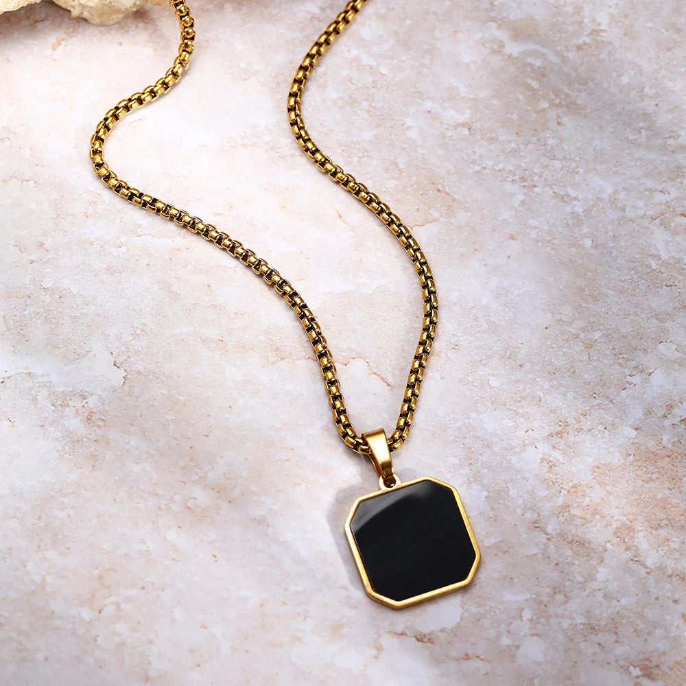 Geometric Square Pendant Necklace – Stainless Steel Sweater Chain