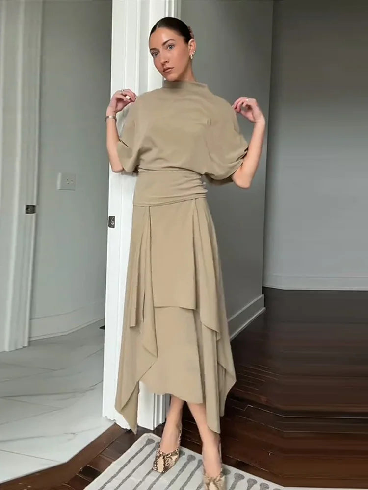 Women's Elegant Batwing Sleeve Top & Asymmetric Maxi Skirt Set – 2-Piece Chic Outfit