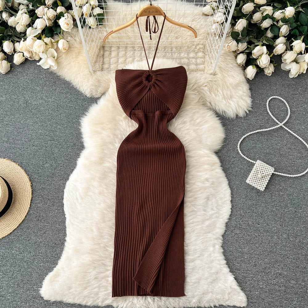 Women's Knit Bodycon Midi Dress — Sexy Slash Neck Split Streetwear