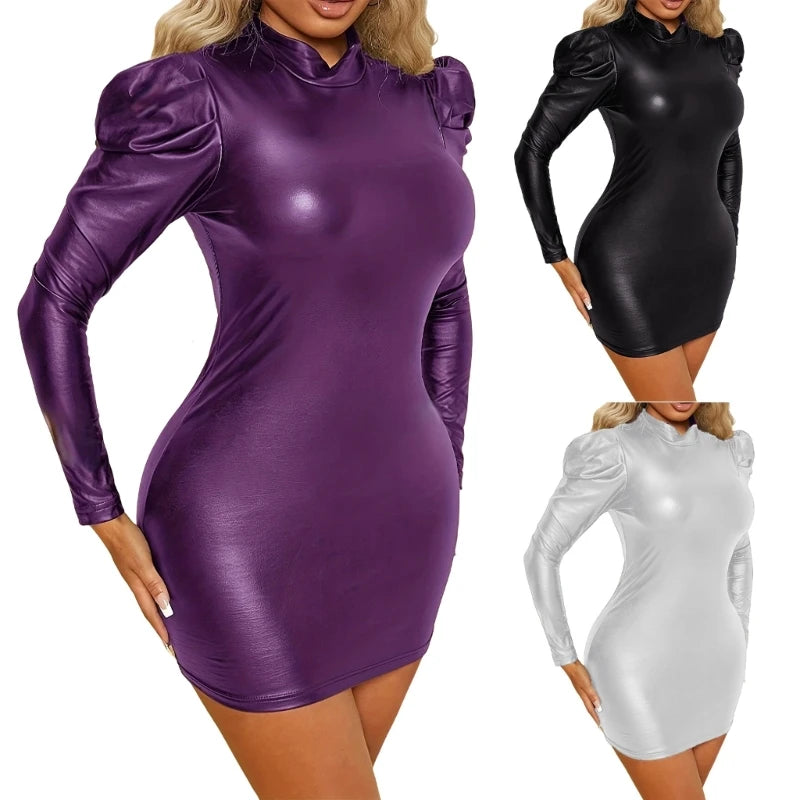 Women's PU Leather Long Puff Sleeve Mini Dress Mock Neck Short Dress Party Club Bodycon Dresses Fashionable Clubwear