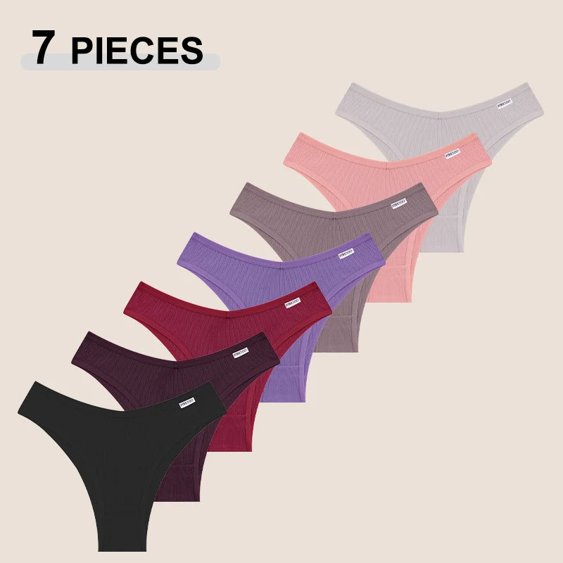 FINETOO 7PCS V-Waist Cotton Bikini Pants Seamless Low Rise T-Back Brazilian Underwear Comfortable Underpants Soft Girls Lingerie