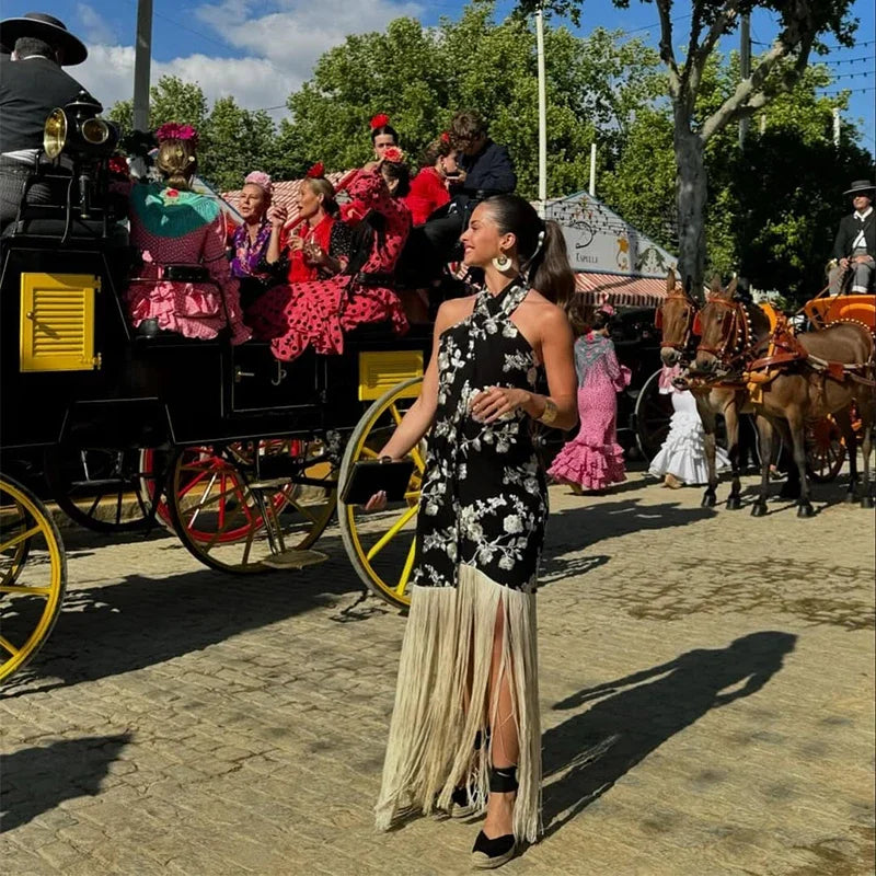 Vintage Print Tassel Asymmetrical Long Dress Women Halter Sleeveless Backless Female Party Dresses Spring Summer Lady Chic Robe
