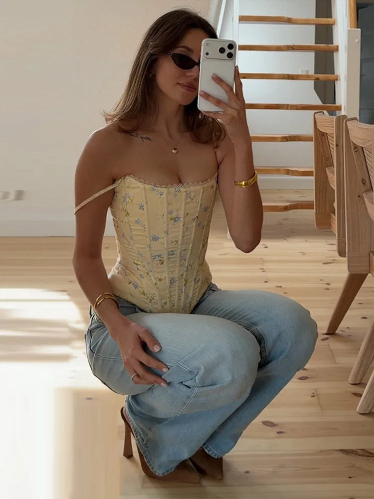 Women's Floral Fishbone Tank Top | Slim Sleeveless Back Lace-Up Blouse