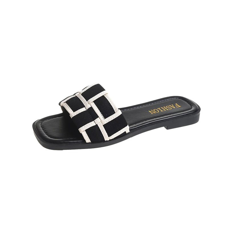 Women's Braided Roman Flat Slippers | Open-Toe Beach Sandals | Beige & Black | EU 35–40