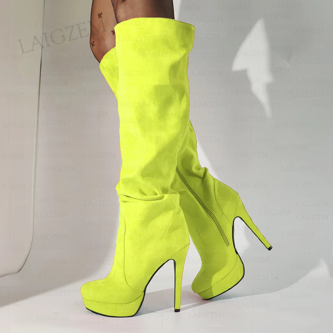 LAIGZEM Women Over Knee High Boots Faux Suede Zip Pleated Thin High Heels Boots Handmade Ladies Shoes Woman Big Size 41 43 45 52
