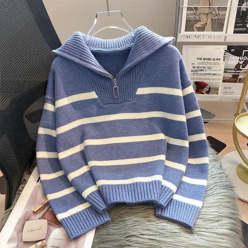 Women's Striped Zip Knit Pullover – Loose Fit Casual Sweater
