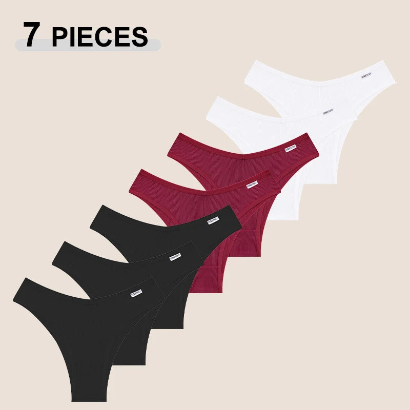 FINETOO 7PCS V-Waist Cotton Bikini Pants Seamless Low Rise T-Back Brazilian Underwear Comfortable Underpants Soft Girls Lingerie