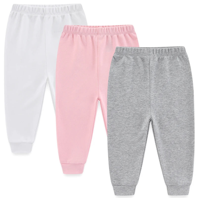 Baby Cotton Solid Pants 3-Pack – Soft Elastic Waist Trousers (0–24M)