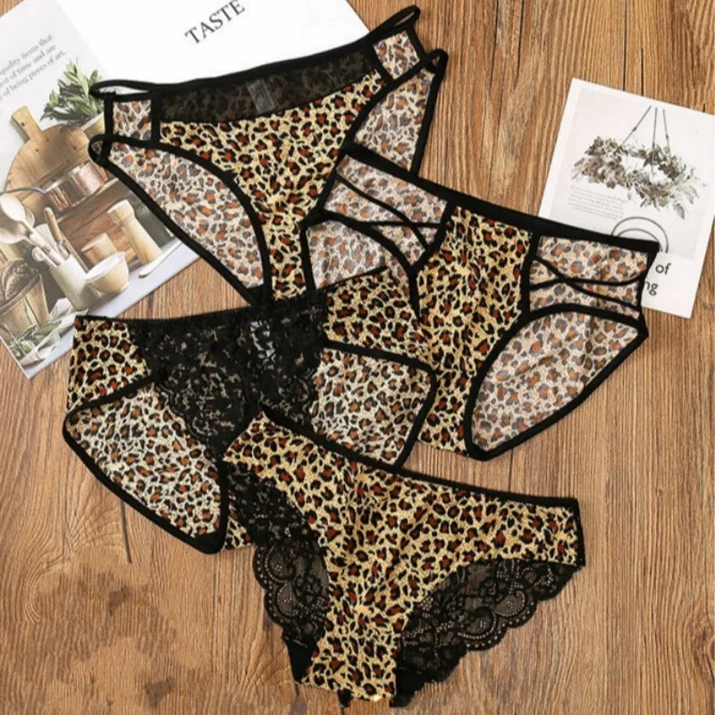 Sexy Leopard Mesh Bikini Straps Briefs Women Underwear Transparent Seamless Briefs Sports Ice Silk Leopard Print Underpants