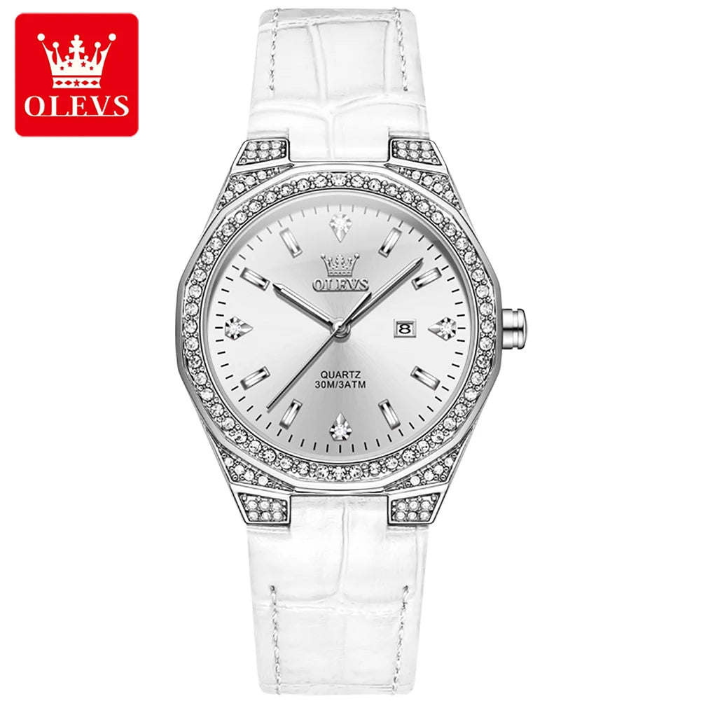 OLEVS 5606 Women's Luxury Diamond Quartz Watch – Leather Strap