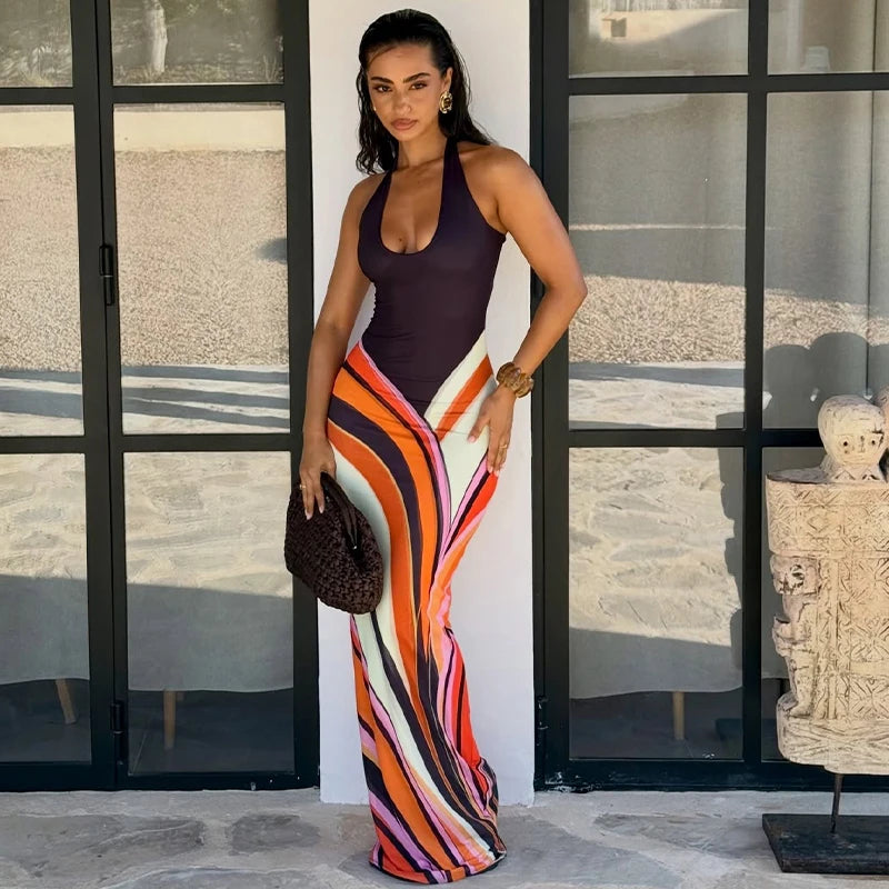 Women's Color Block Halter Maxi Dress | Backless Square Neck Bodycon