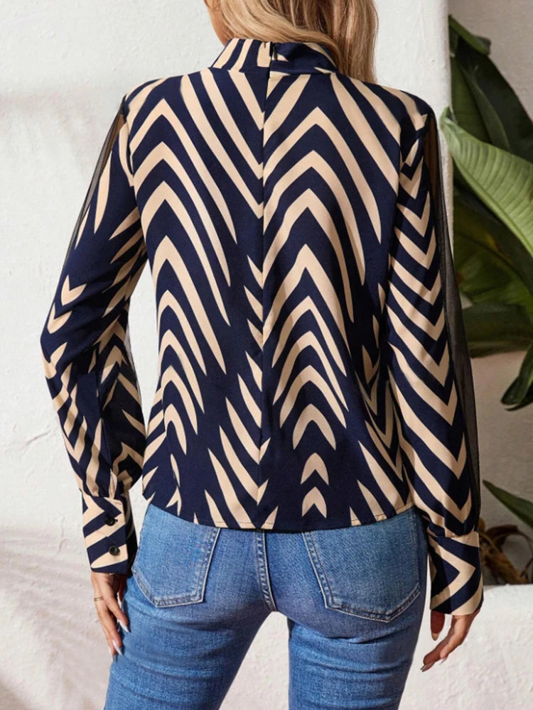 Women's Mesh Spliced Stand Collar Long Sleeve Top — Breathable Geometric Chiffon Blouse | Spring Summer | S–XXL