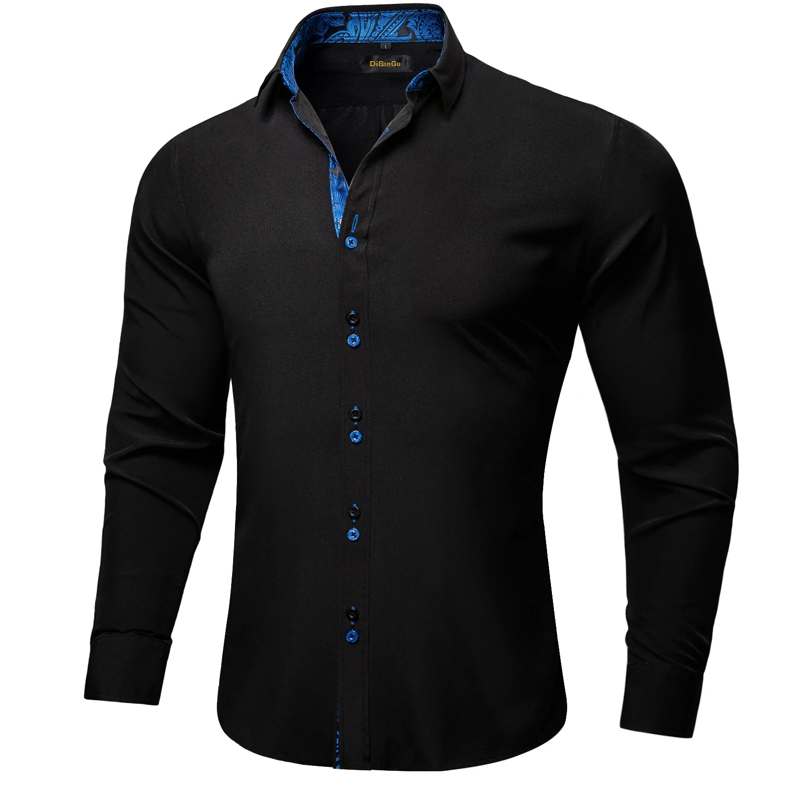 Men's Polyester Cotton Solid Black Shirts Long Sleeve Blue Paisley Patchwork Social Casual Dress Shirt Elegant Men Clothing