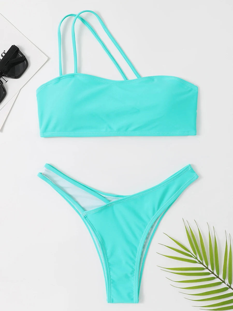 2025 New Push Up Single Shoulder Stripe Women Bikini Set High Cut Printed Bottom Padded Swimwear Summer Beachwear Bathing Suit