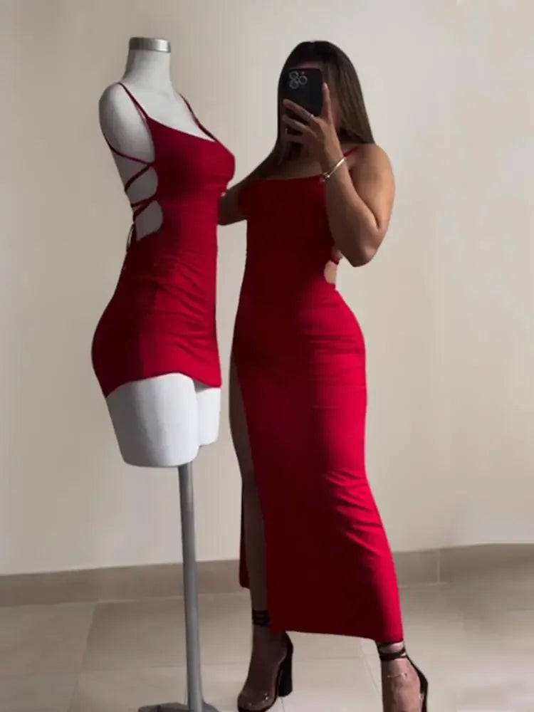 Women's Spaghetti Strap Bodycon Maxi Dress – Slim Fit Slash Neck Streetwear