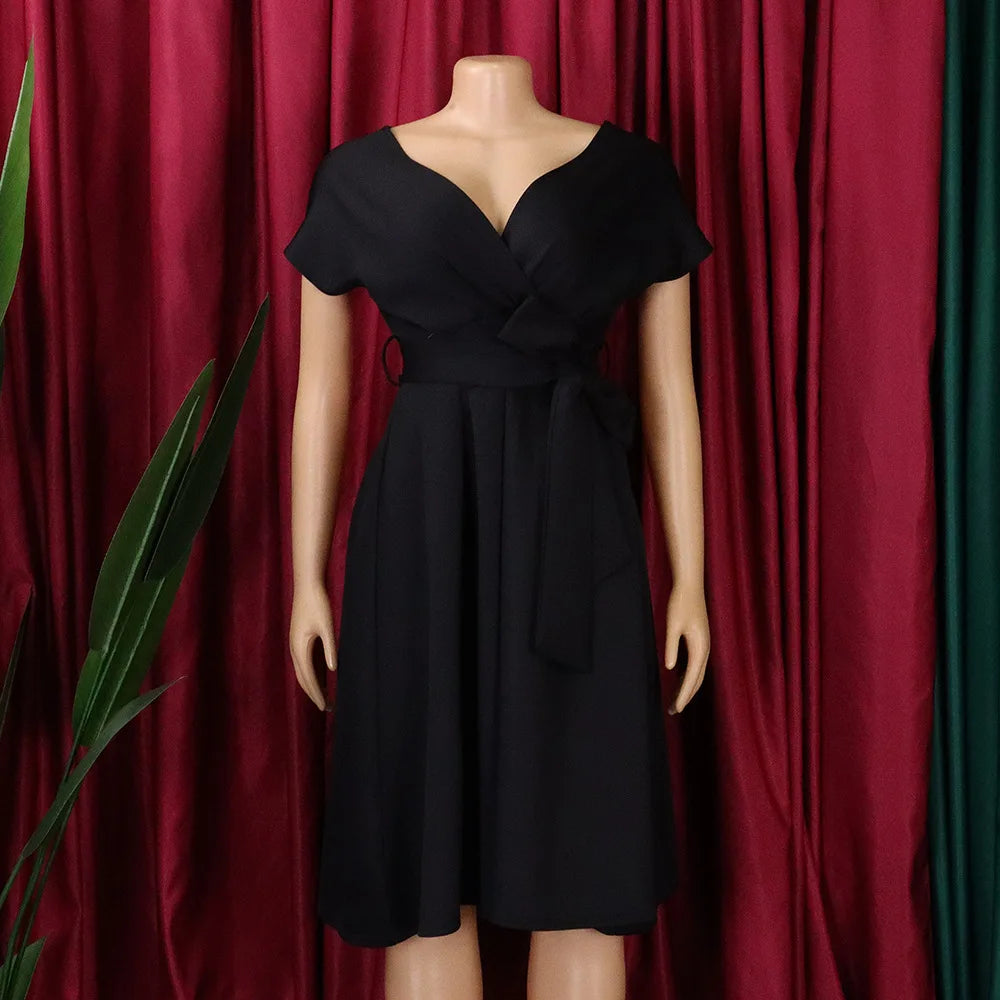 Women's Big Bow Puff Sleeve A-Line Midi Dress – V-Neck Summer Party Dress
