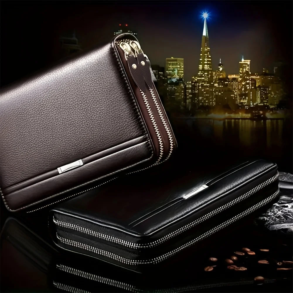Men's Long Leather Wallet & Clutch — Large Business Zip-Around Purse with Phone & Card Holder | Brown & Black